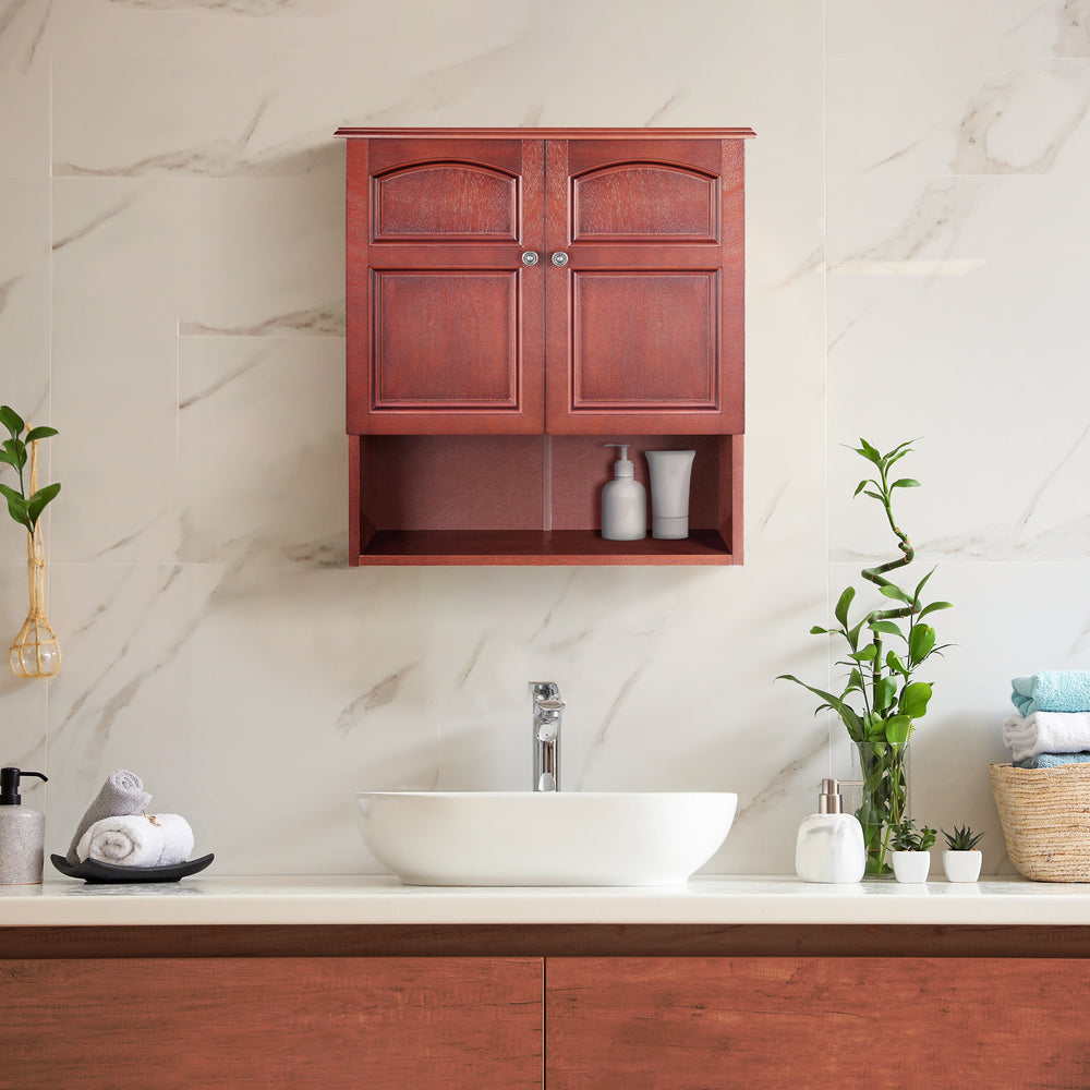 A Teamson Home Mahogany Martha Removable Wall Cabinet  above a modern skink on a marble-tiled wall