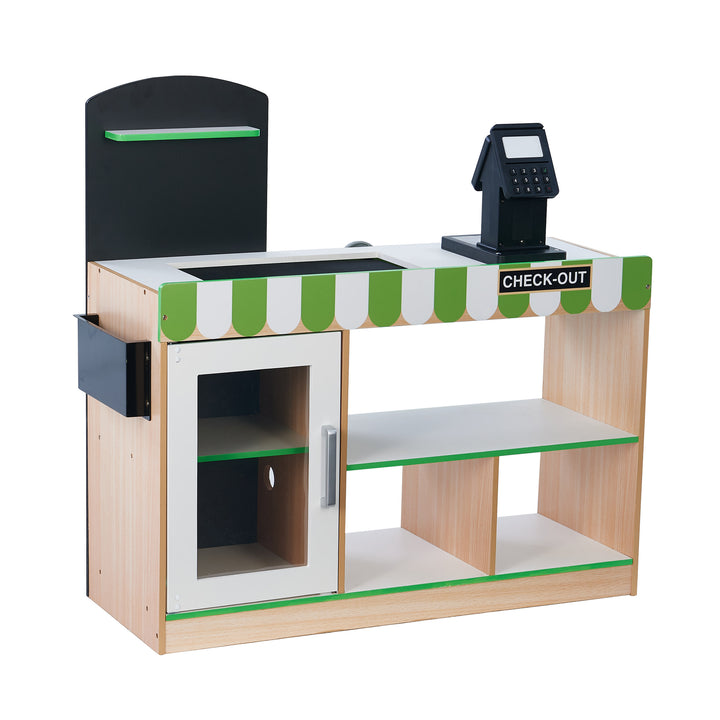 Teamson Kids Cashier Austin Play Market Checkout Counter in Green and Natural looking wood grain.