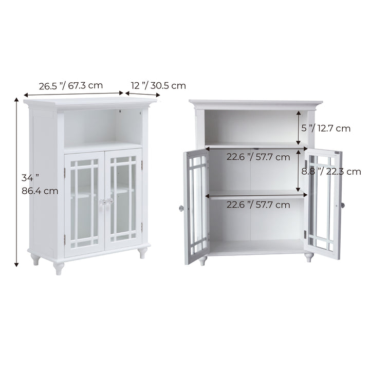 Freestanding white floor cabinet with doors closed and open with dimensions in inches and centimeters