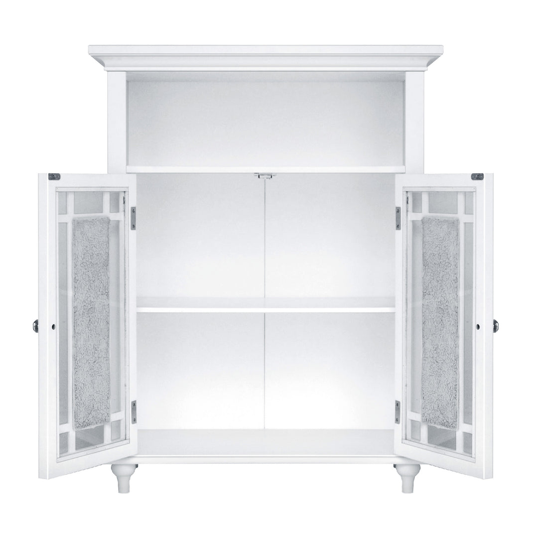 A view of a White Teamson Home Windsor Floor Cabinet with Glass Mosaic Doors with the door open and a view of the open shelf at the top and the adjustable shelf inside the cabinet
