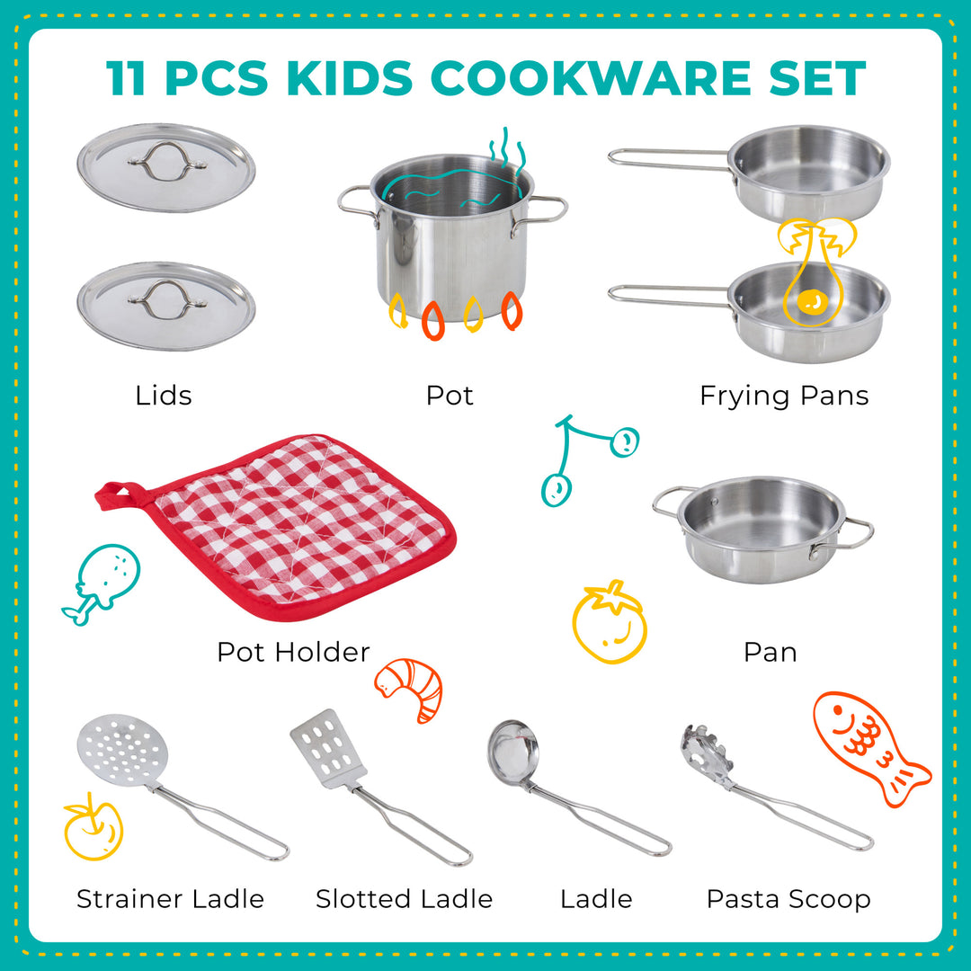 11-piece Teamson Kids Little Chef Frankfurt Stainless Steel Cooking Accessory Set featuring pots, pans, lids, and various kitchen utensils.