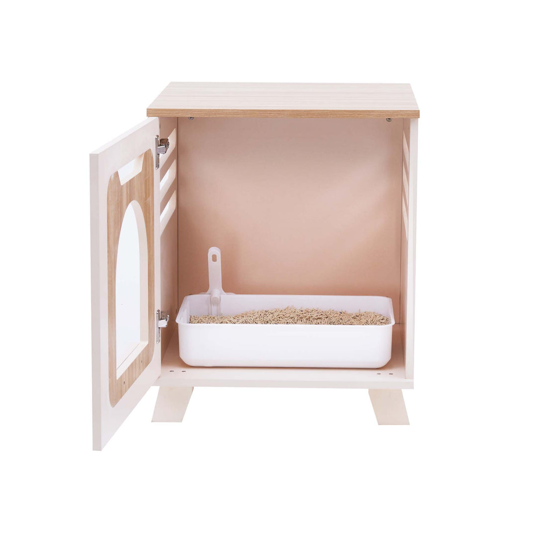 A view of the front of the Elyse Elevated Vented Wooden Cat Litter Box Enclosure Side Table with the door open and a litter box inside.