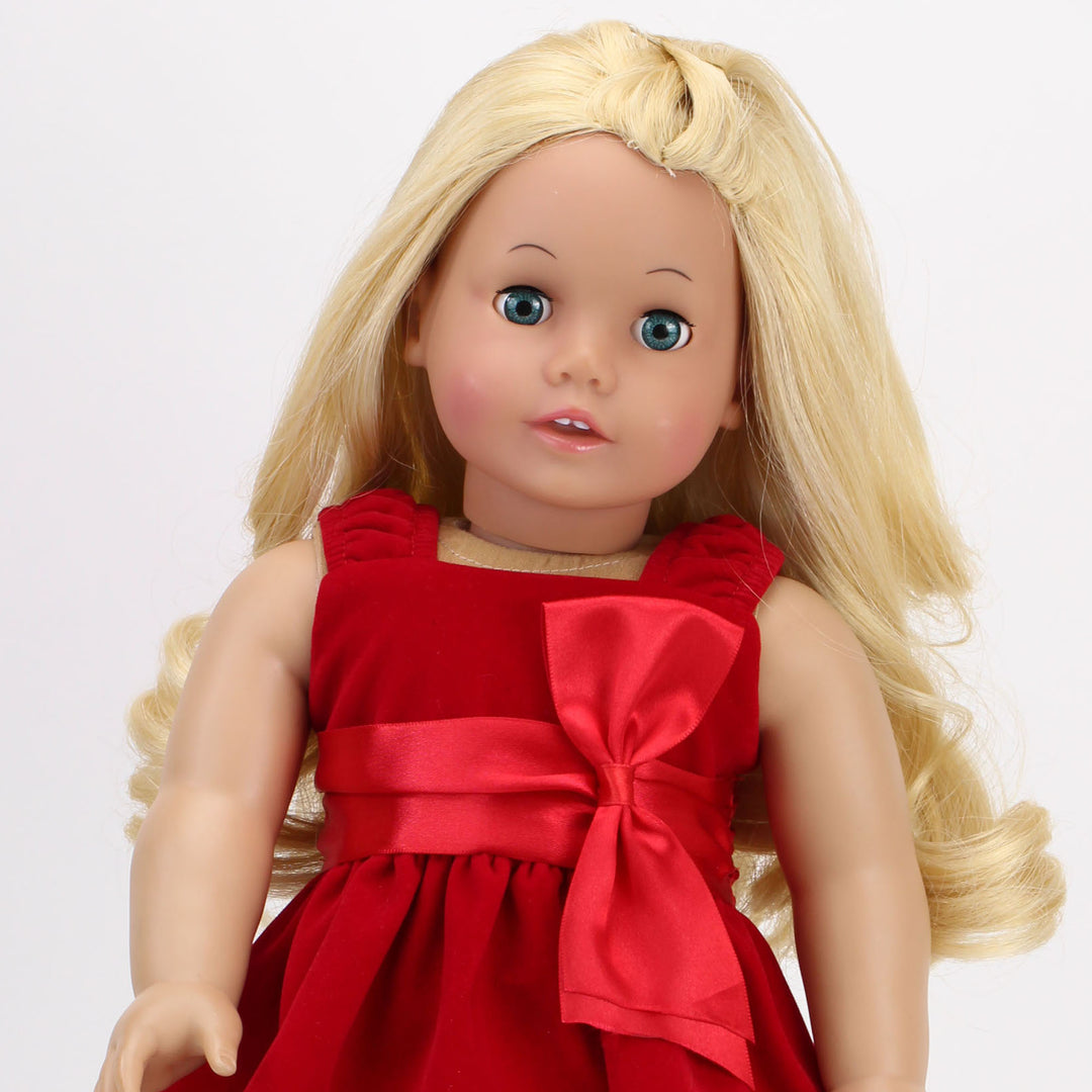 Sophia’s Velvet Holiday Dress with Satin Ribbon, Vertical Bow, & Gathered Empire Waistline and Shoes for 18” Dolls, Red/Black