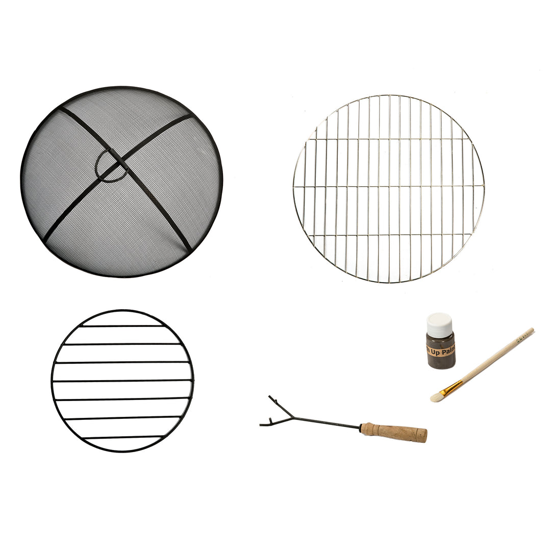 A collage of what is included with the wood burning fire pit: a mesh spark screen, a BBQ grill grate for light cooling, a metal grate that fits inside the fire bowl to support wood, a poker, and a bottle of touch-up paint and paint brush
