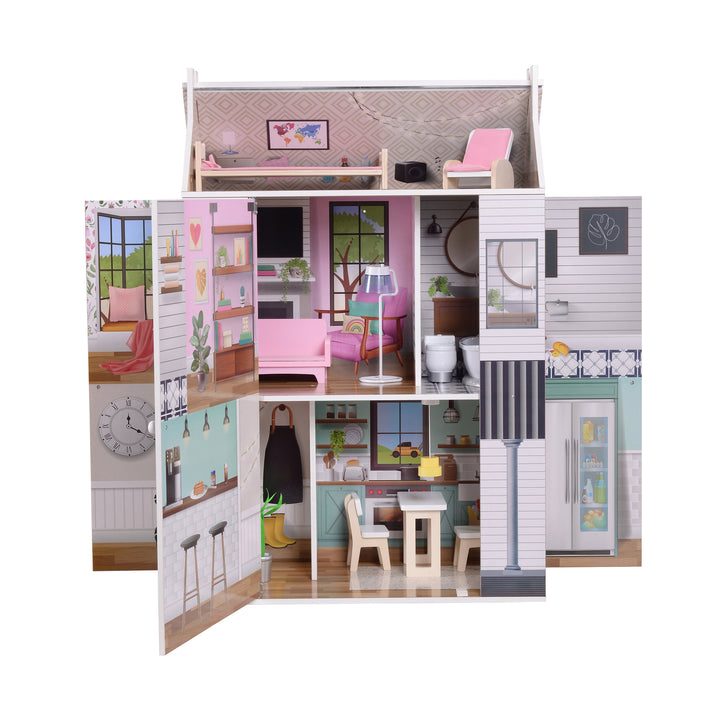A view of the 3-story dollhouse with all the panels opened - on the sides, the back panel, and the loft area.