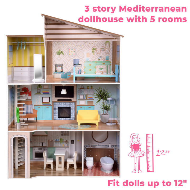 View of the dollhouse's 5 rooms with captions "3 story Mediterranean dollhouse with 5 rooms" and "fit dolls up to 12""