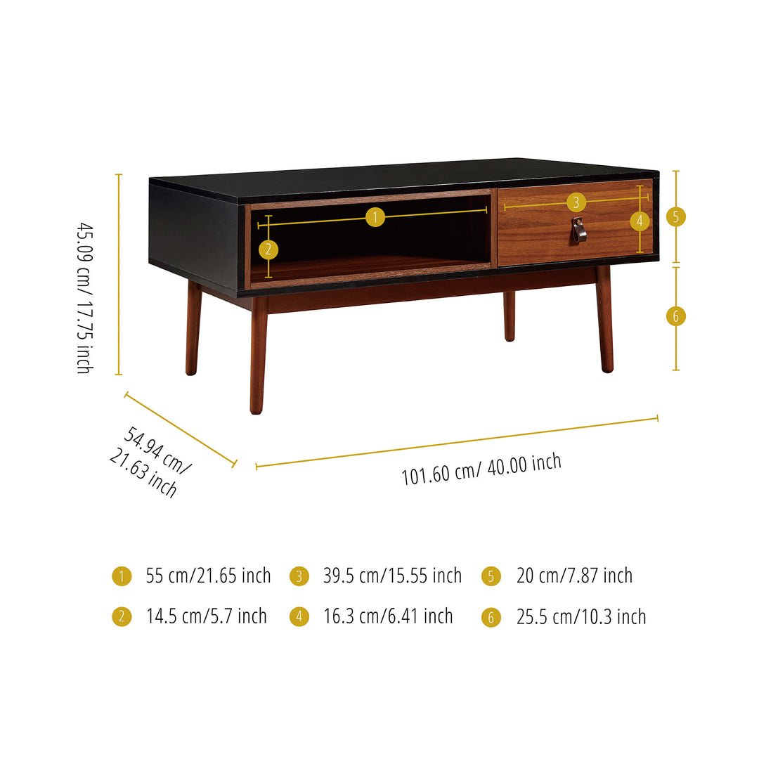 A diagram showing the measurements in inches and centimeters of the Teamson Home Reno Coffee Table.