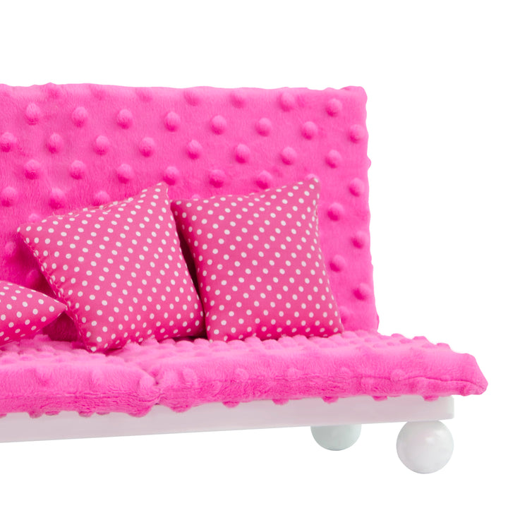 A Olivia's Little World Little Princess Lounge Set with Couch, Chair and Coffee Table, Hot Pink/White with polka dot pillows and assembly instructions.
