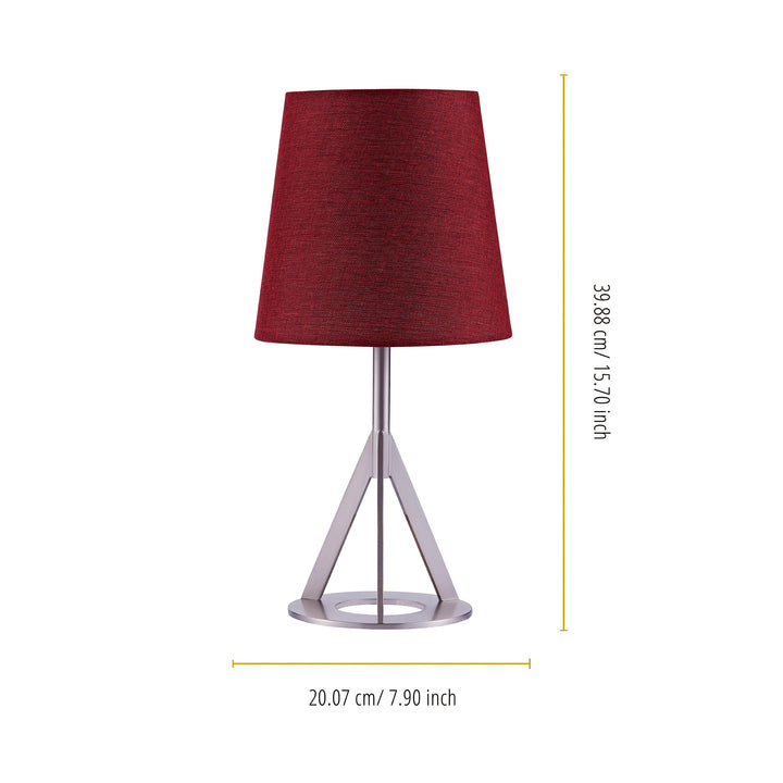 The dimensions in inches and centimeters A Teamson Home Aria 15" Modern Table Lamp with Round Red Shade and a geometric nickel base.