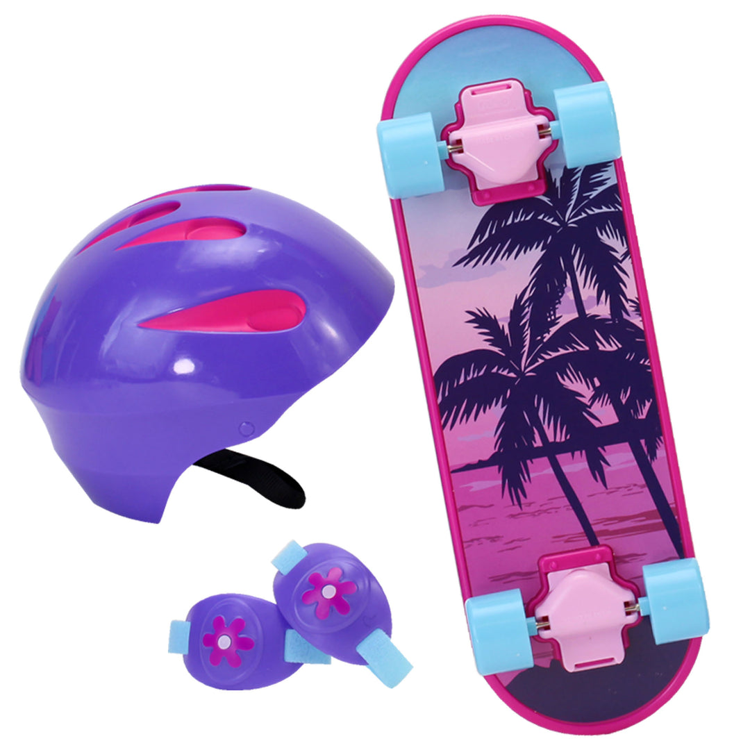 A Sophia's Skateboard, Helmet and Knee Pads Set for 18" Dolls, Multicolor with palm trees.