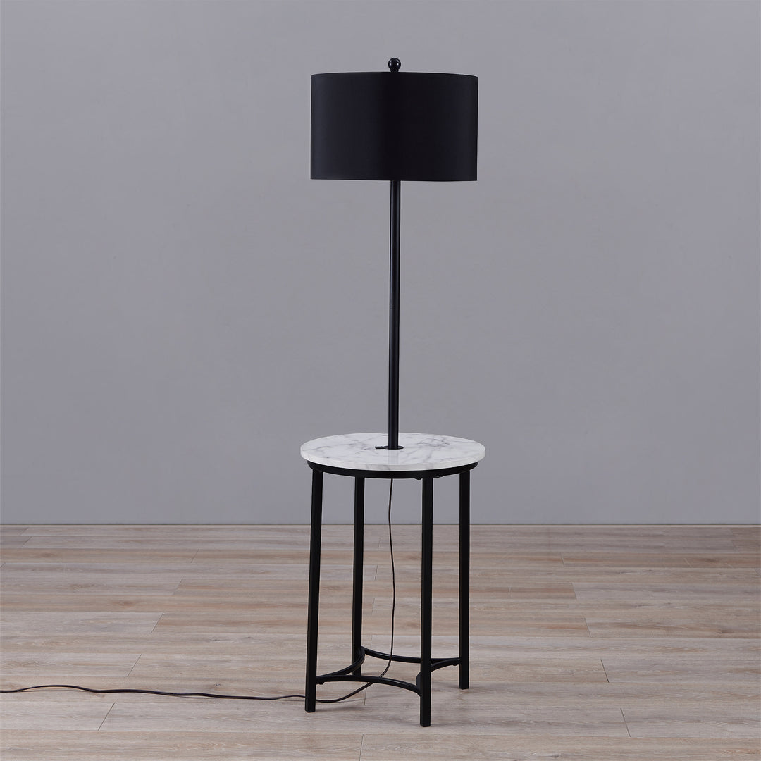 A Teamson Home Shenna Floor Lamp with Faux Marble Tray Table and Built-In USB Port, Black with a black shade, USB port, and marble base.