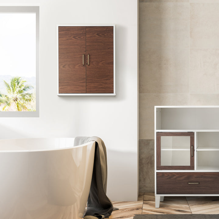 Teamson Home Tyler Modern Wooden Removable Cabinet, Walnut/White, hung in a contemporary white bathroom