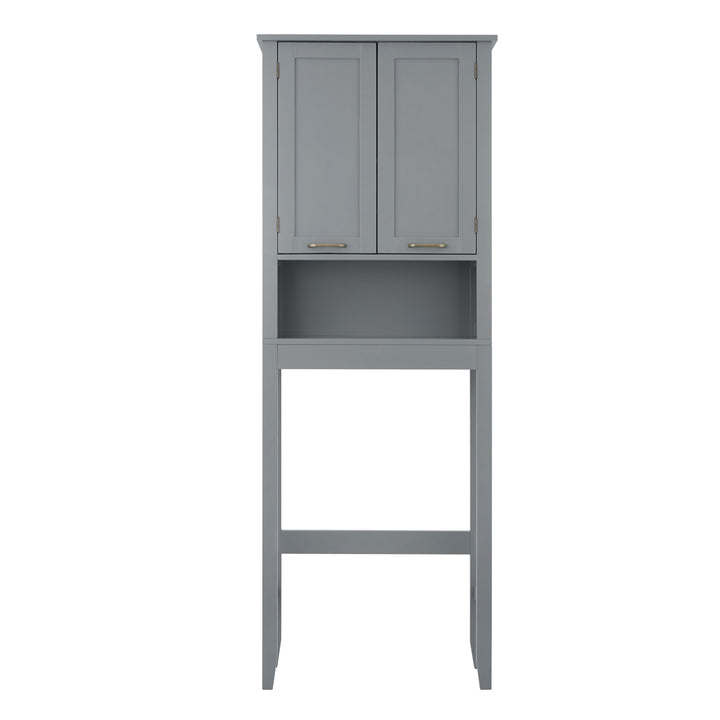 Gray Teamson Home Mercer Over-the-Toilet Cabinet with open shelving with brass pull handles