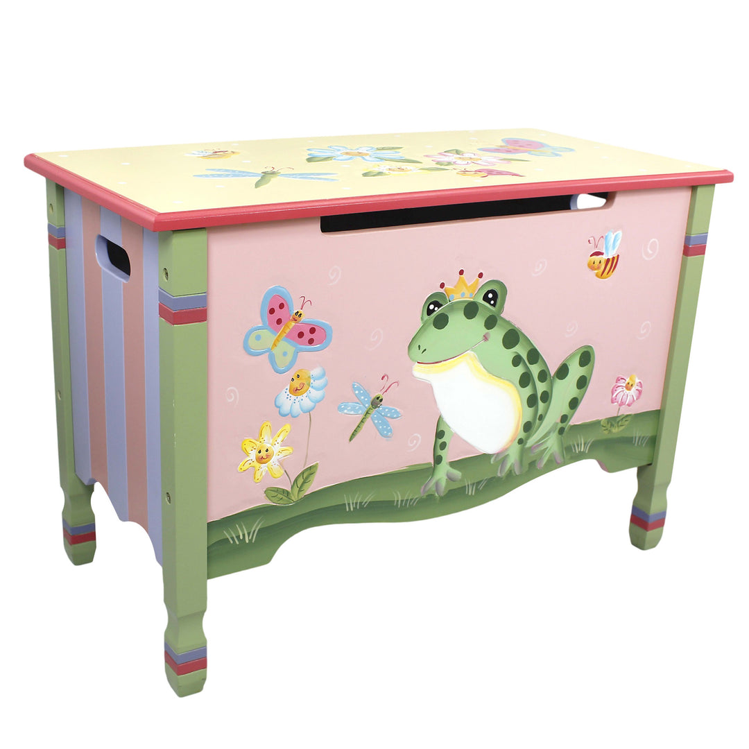A Fantasy Fields Kids Magic Garden Kids Wooden Toy Storage Chest with a frog and butterflies on it.