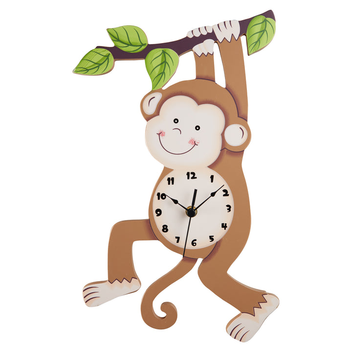 A Fantasy Fields Kids Wooden Sunny Safari Monkey Wall Clock hanging from a branch.
