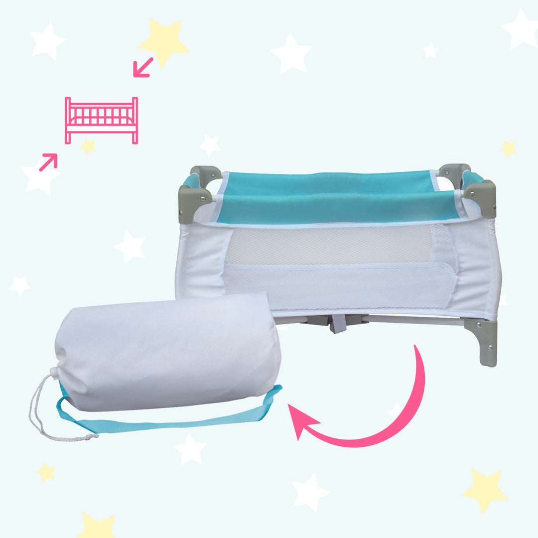 An infographic for the baby doll crib and stowaway bag that can collapse and fit into the bag.
