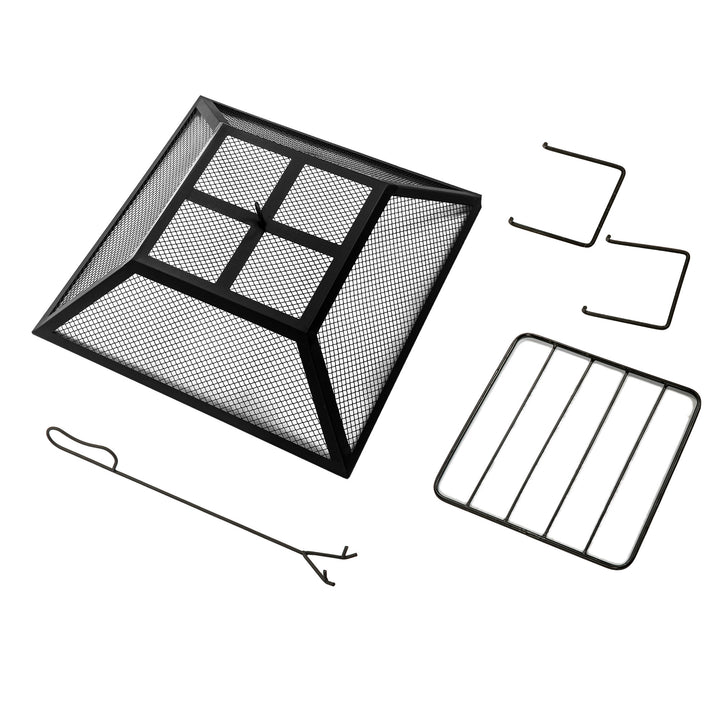 A metal mesh spark screen, a pair of supports, a metal grate and a poker