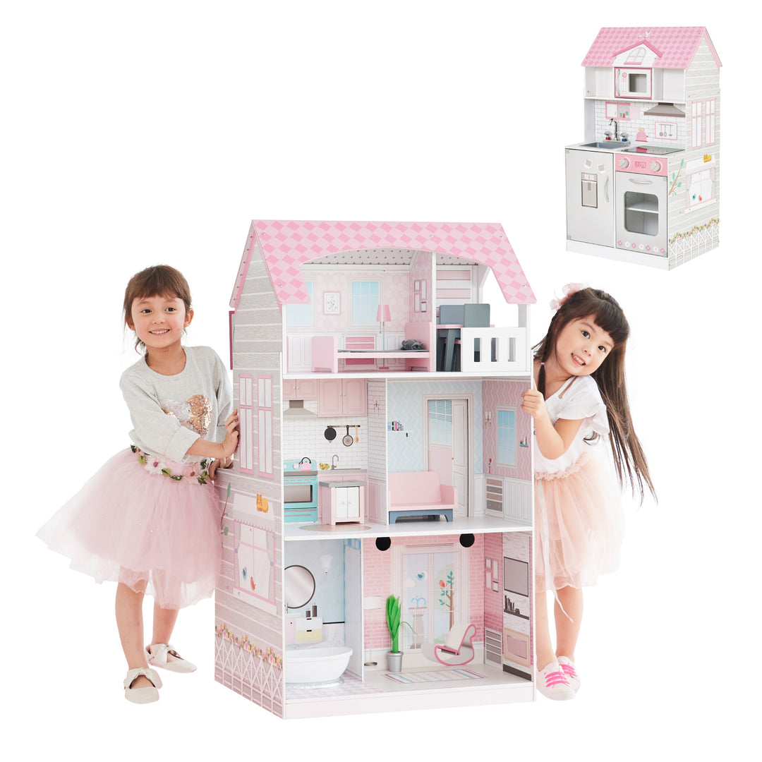 Two children playing with a Teamson Kids Ariel 2-in-1 Double-Sided Play Kitchen with Accessories and Furnished Dollhouse for 12" Dolls, Pink and its accessories.