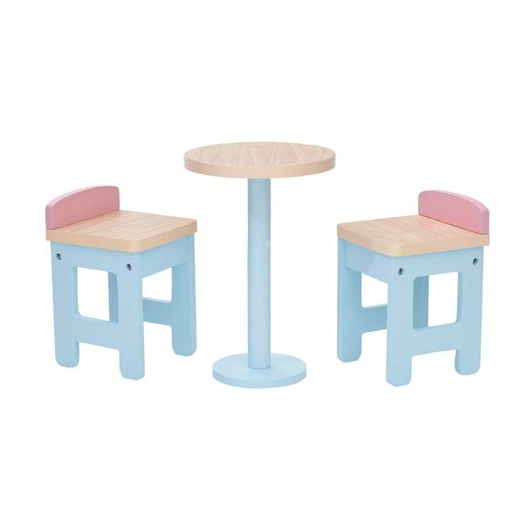 A Olivia's Little World Modern Nordic Princess Roundtable and 2 Stools, Multicolor set for 18-inch dolls.