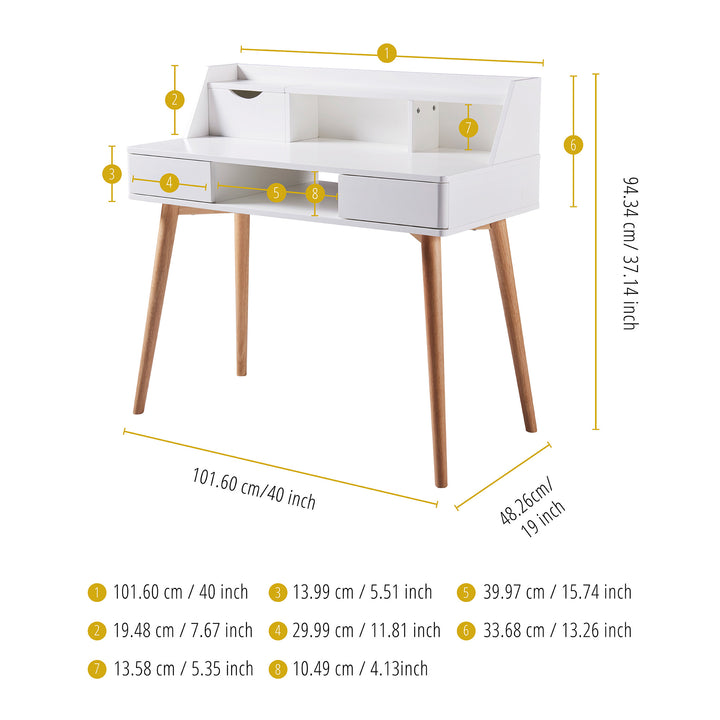 An image of a Teamson Home Creativo Wooden Writing Desk with Storage in white, with measurements.