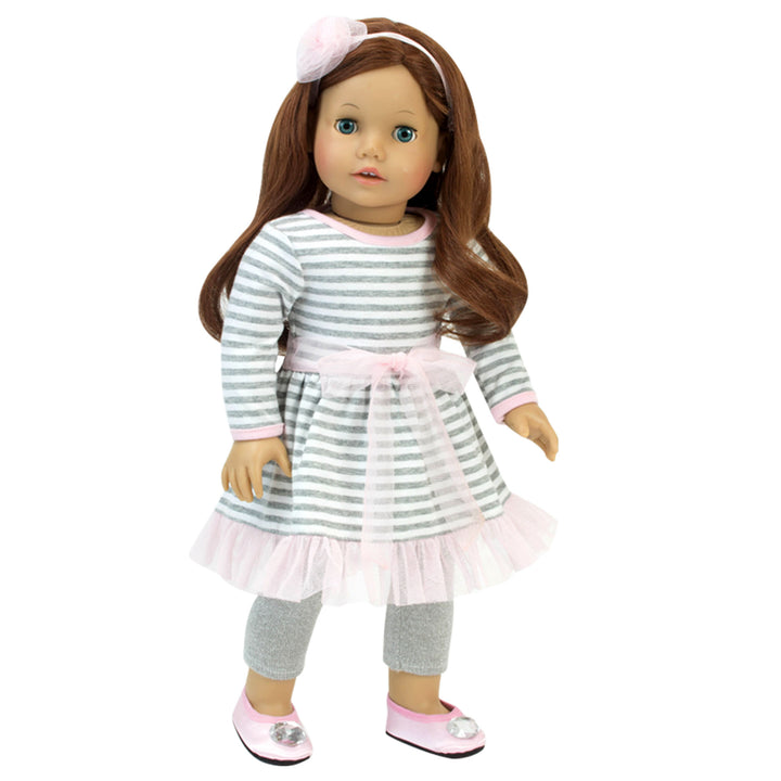 Sophia's Striped Dress, Leggings, Hair Accessory and Jeweled Shoes for 18" Dolls, Gray/Pink