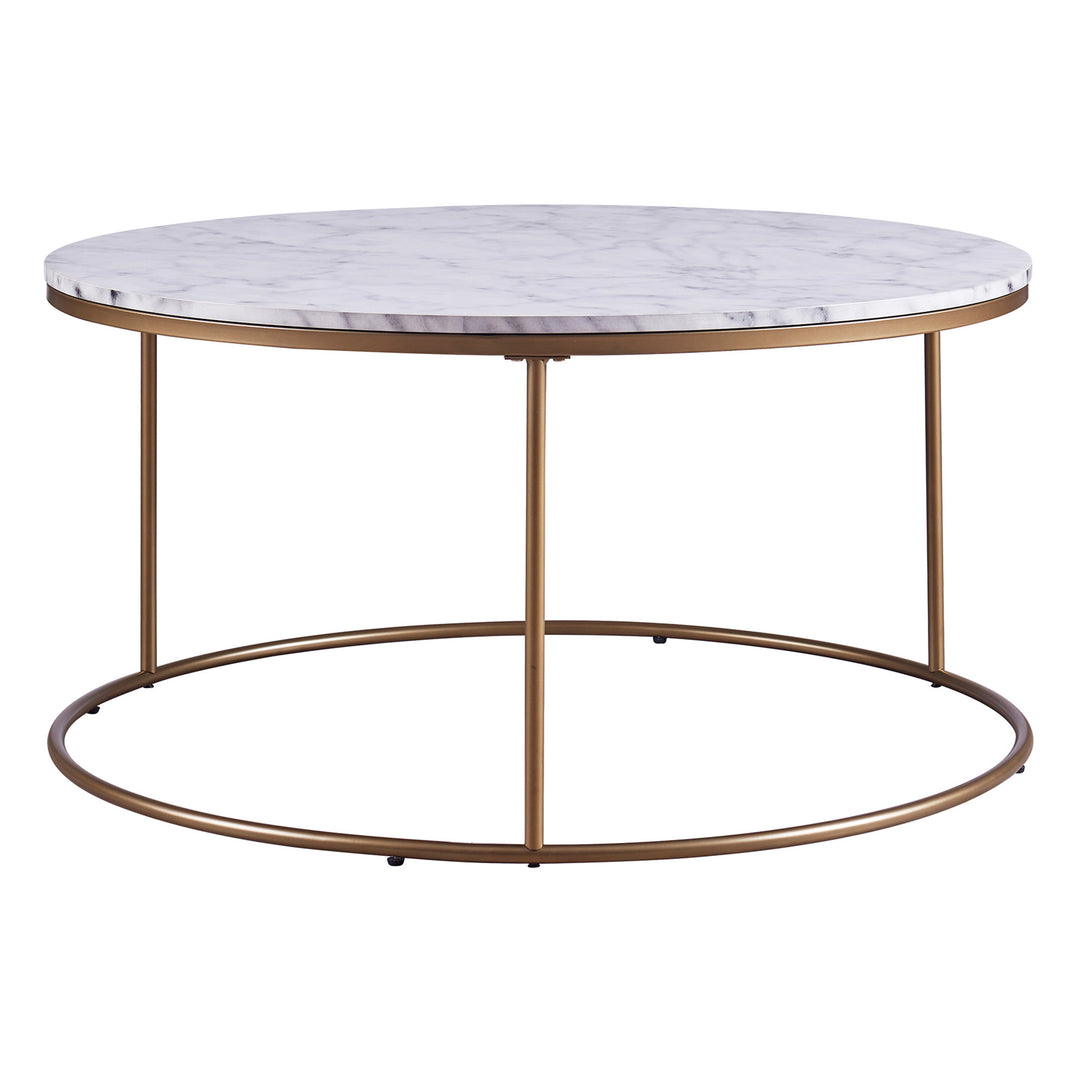 Teamson Home's Marmo Modern Marble-Look Round Coffee Table with a brass finish frame and faux marble top.