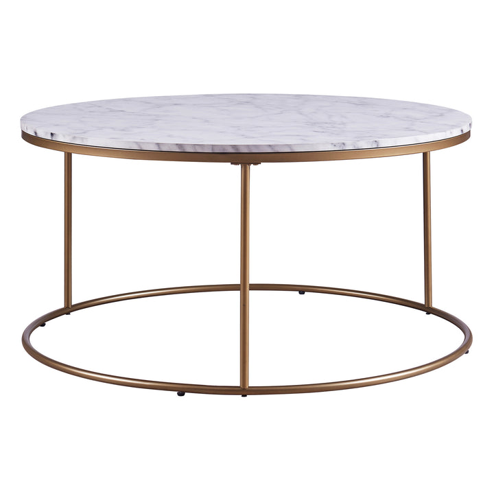 Teamson Home's Marmo Modern Marble-Look Round Coffee Table with a brass finish frame and faux marble top.
