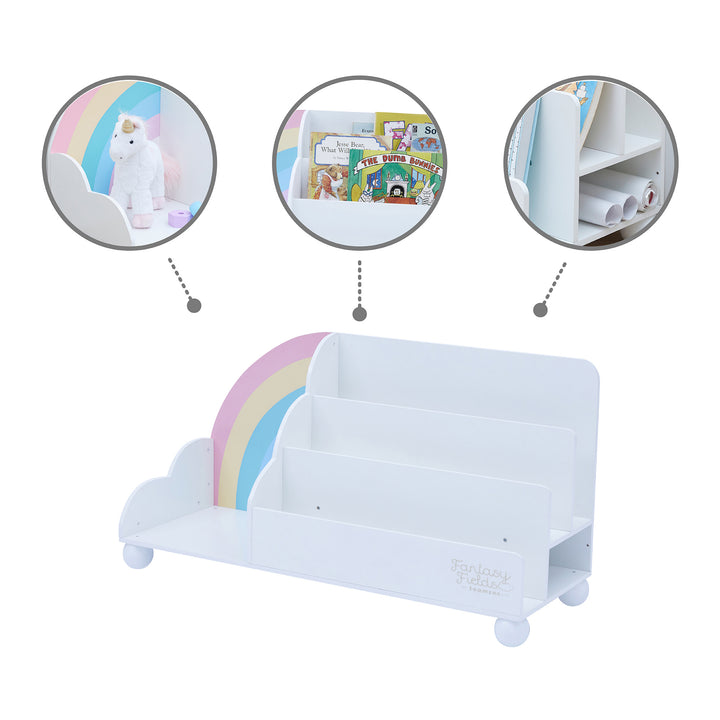 Fantasy Fields  Rainbow Wooden Display Bookcase, White with call outs for books and other storage.
