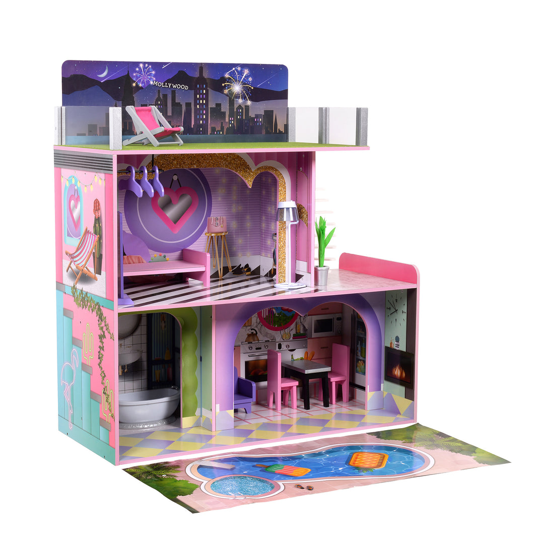 A Olivia's Little World Kids Wooden Dreamland Sunset 3-Level Dollhouse Set with a balcony and accessories.