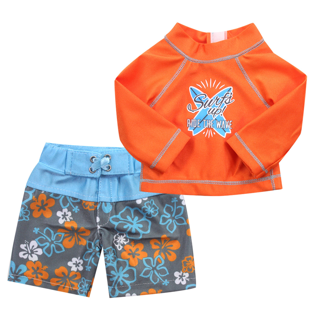 Blue and gray floral swim shorts and an orange rash guard for an 18" doll.