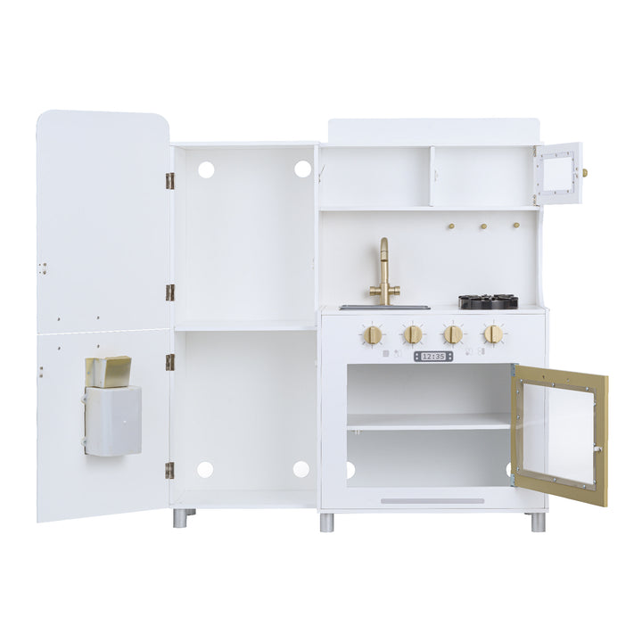 Teamson Kids Little Chef Mayfair Classic Kids Kitchen Playset with 11 Accessories, White/Gold with open doors and cabinets.
