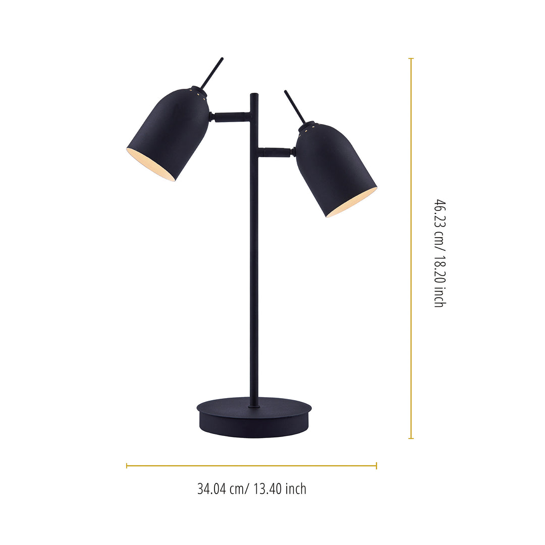 Dimensions in inches and centimeters of the Teamson Home's Mason Modern Adjustable Double Light Table Lamp, Black