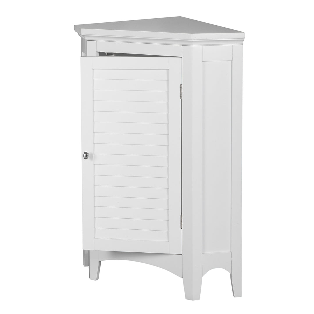 A view of the side with the door pulled open of a White Glancy Corner Floor Cabinet with Louvered Door, Chrome Knob