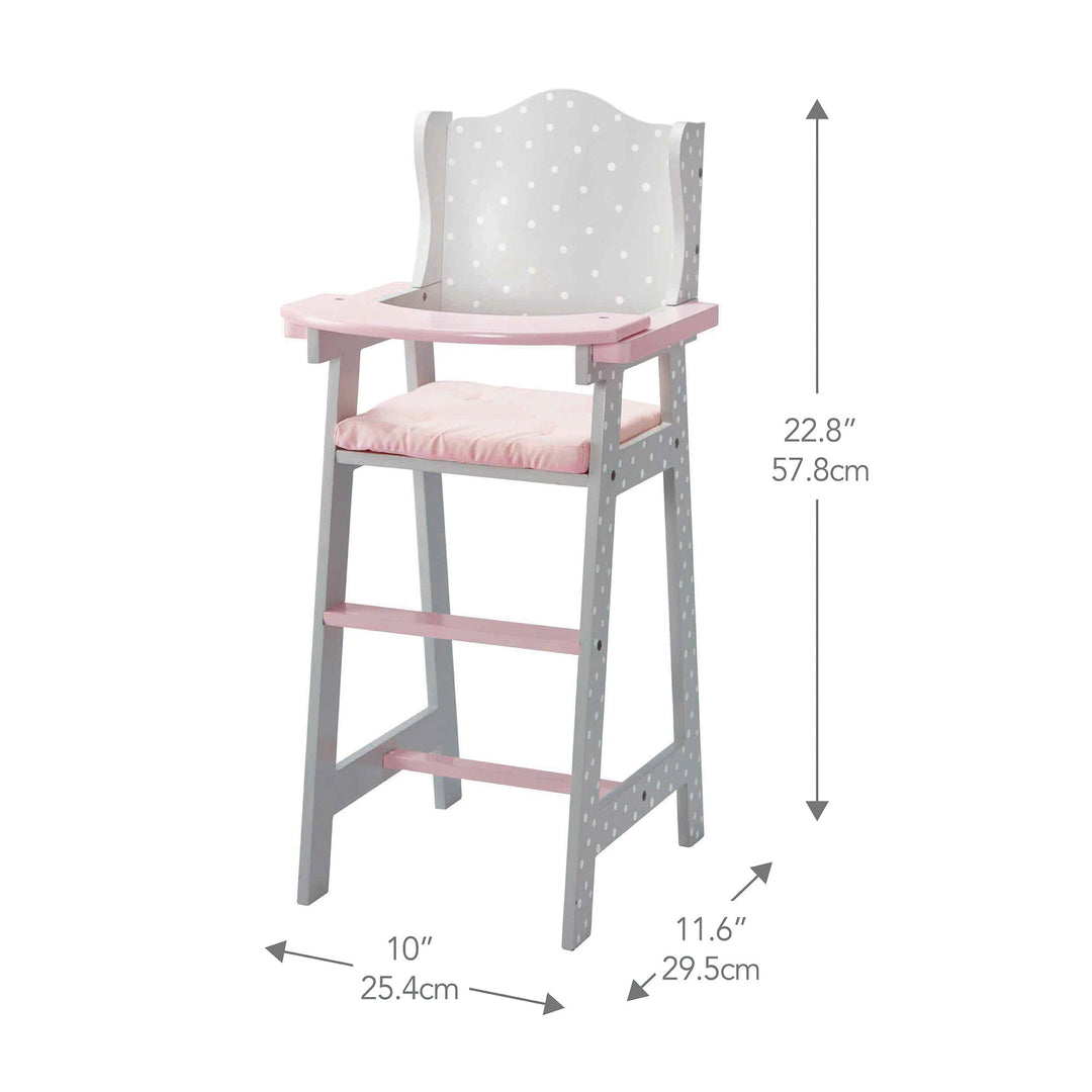 A pink and grey with white polka dots baby doll high chair with dimensions in inches and centemeters.