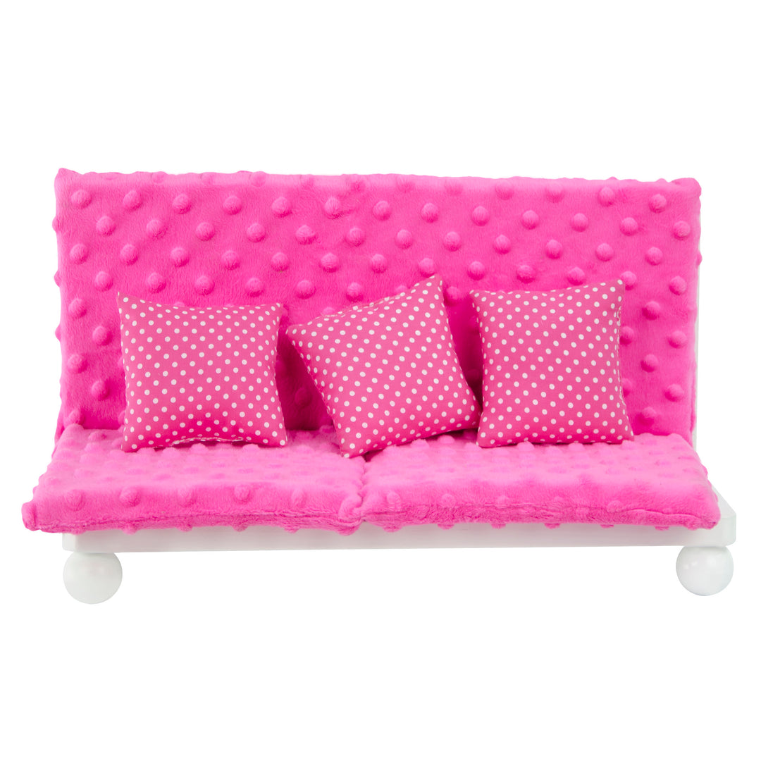 A Olivia's Little World Little Princess Lounge Set with Couch, Chair and Coffee Table, Hot Pink/White with polka dot pillows and assembly instructions.