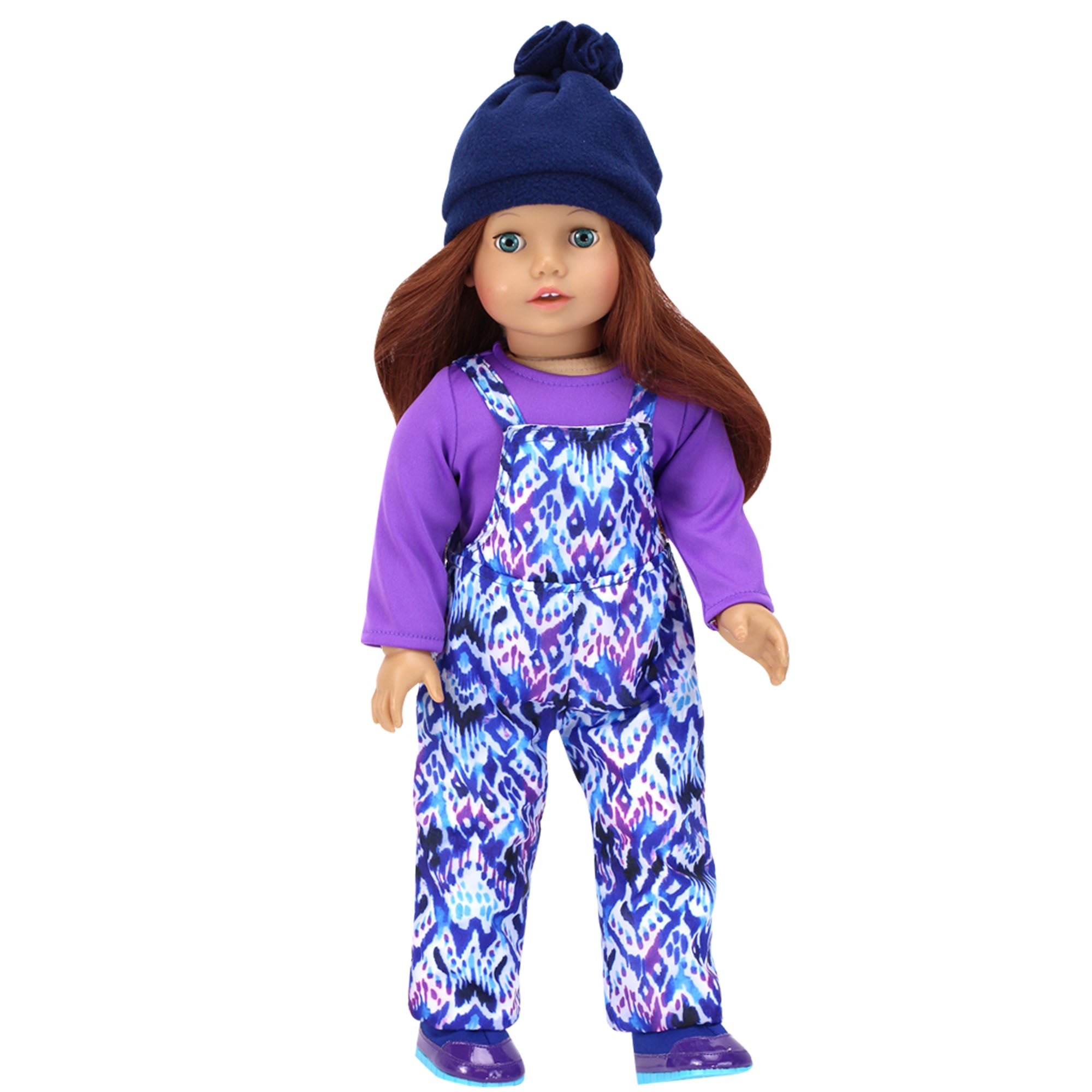 Sophia's - 18" Doll - Ikat Print Bib Snow Overalls, Purple T, Navy Fleece Hat & Boots Set - Blue