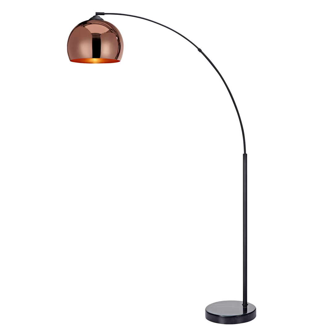 A versatile Teamson Home Arquer Arc 66" Metal Floor Lamp with a rose gold shade and a black base.