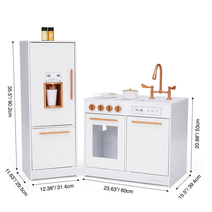 A Little Chef Milano Two-Piece Modular Modern Delight Play Kitchen with Cooking Accessories, Faux Marble Countertop, & Rose Gold Hardware, White with dimensions labeled, featuring a refrigerator, sink, stove, and oven with copper-colored accents and accessories. This realistic interactive set includes storage options for an immersive play experience.