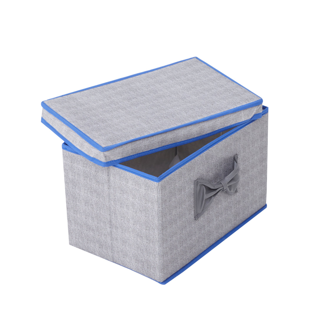 Teamson Home Fabric Storage Cubes with Lids, Gray with Blue Trim with the lid slightly askew
