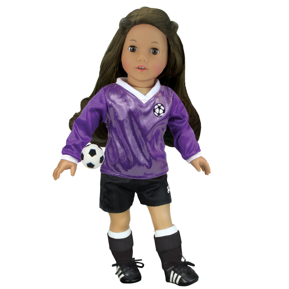 A brunette 18" doll with brown eyes dressed in a purple soccer jersey, black shorts, black socks, and black cleats with a soccer ball.