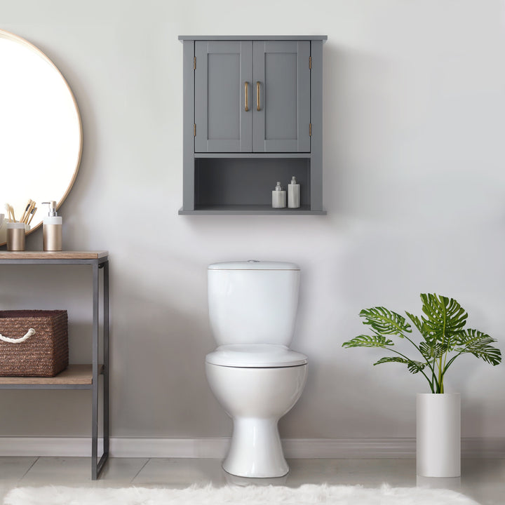 Modern bathroom interior with a toilet, Teamson Home Mercer Mid Century Modern Removable Wooden Cabinet, Gray, and decorative plant.