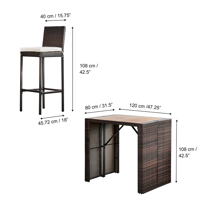 Dimensions in centimeters and inches of the stools and hightop table