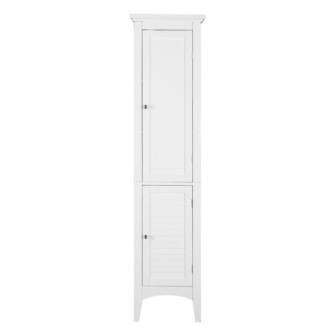 Teamson Home Glancy Wooden Tall Tower Cabinet with Storage, White freestanding bathroom corner cabinet with panel doors.