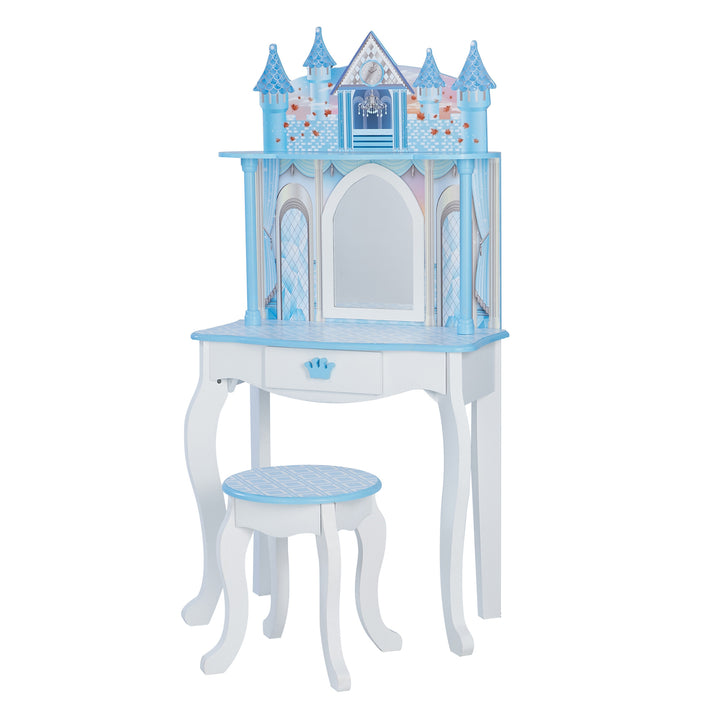 A blue and white Fantasy Fields Kids Dreamland Castle Vanity Set with Chair and Accessories, White/Blue table with a stool.