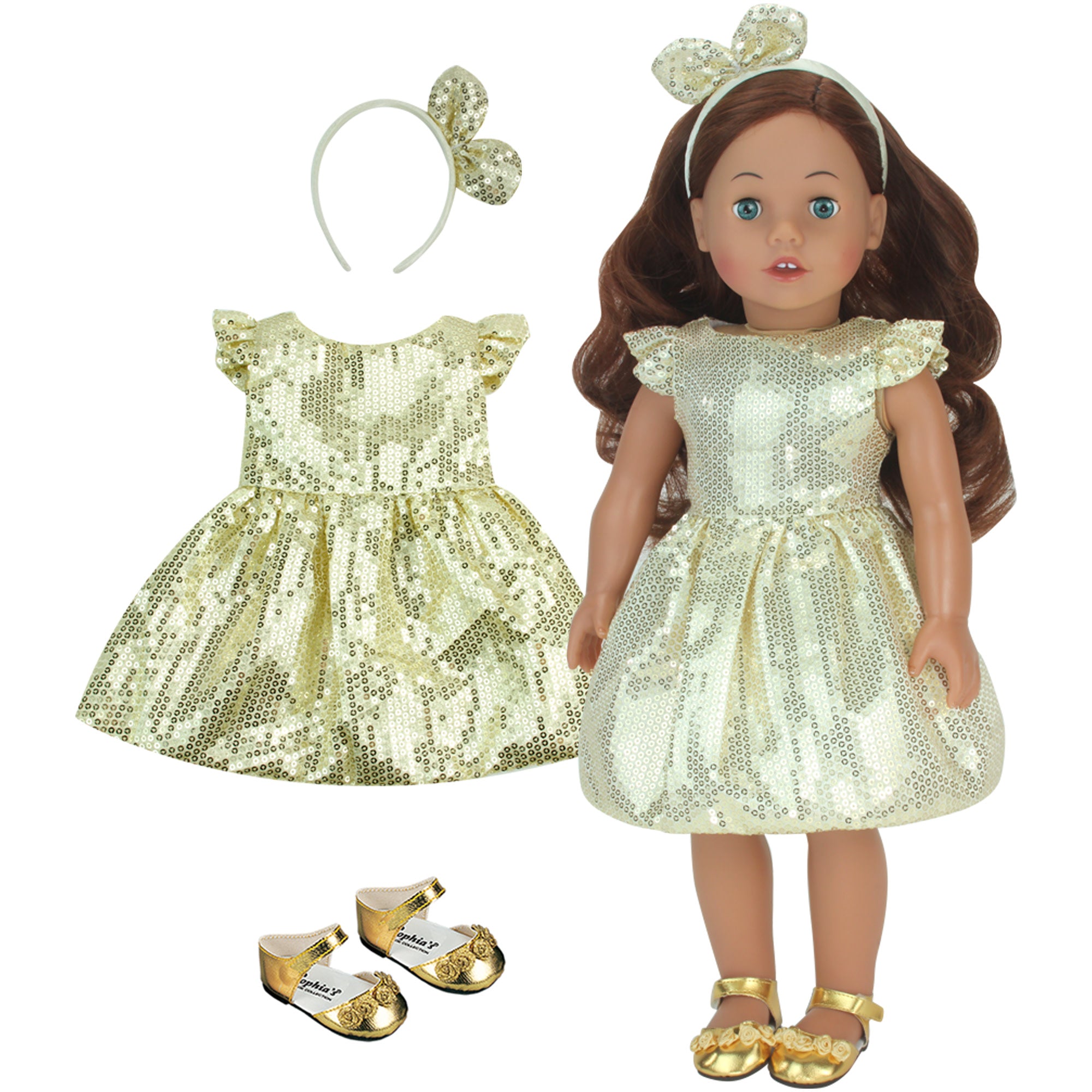 Sophia's Sequin Party Dress, Headband and Dress Shoes for 18" Dolls, Gold