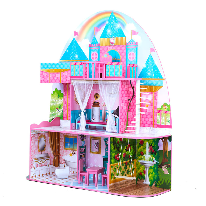 A view of the castle dollhouse from the right side, revealing intricate illustrations and brightly colored rooms.