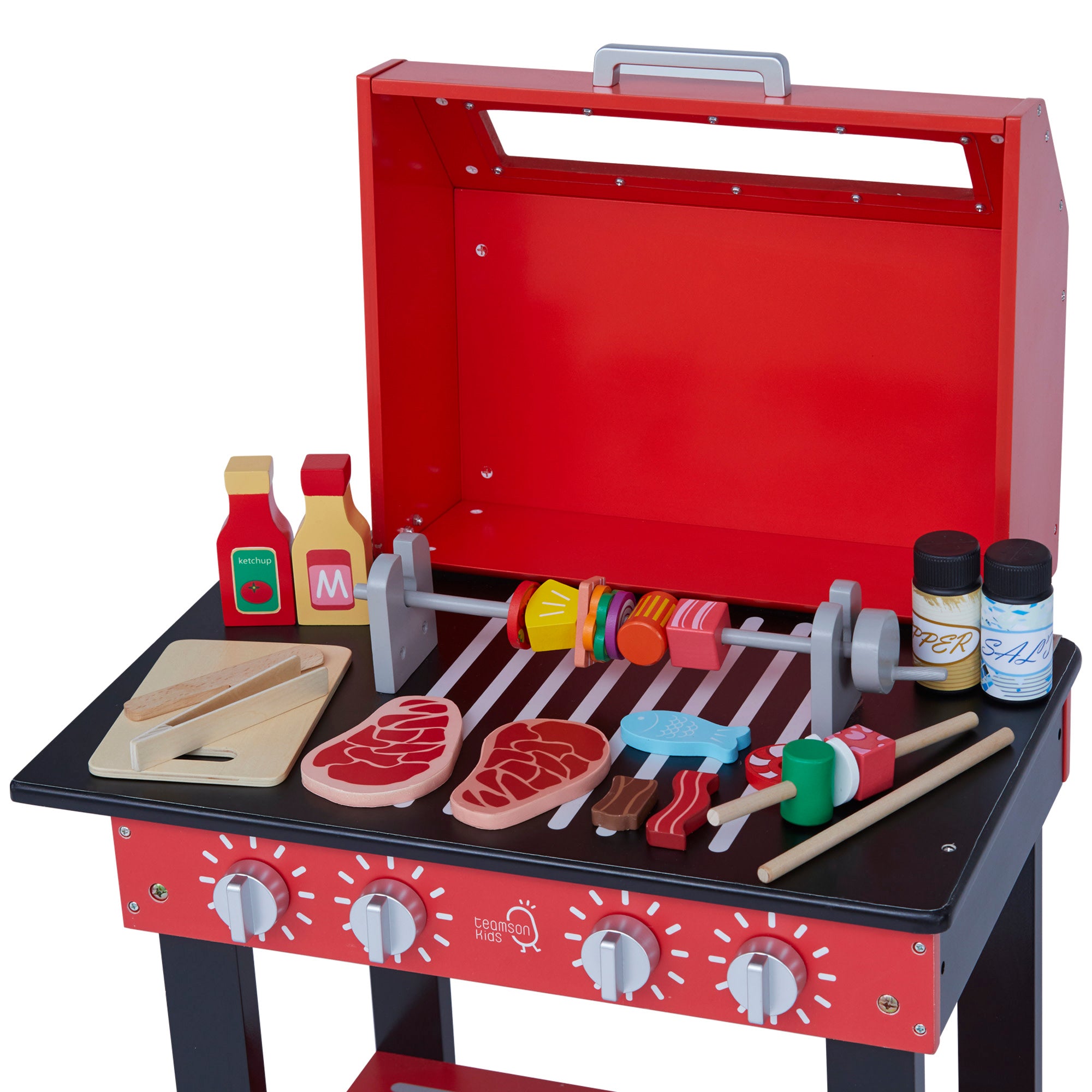 Teamson Kids Little Helper Wooden Backyard BBQ Grill Playset with 26 Cooking Accessories, Red/Black