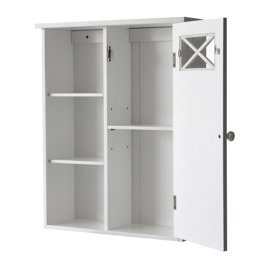 Dawson Removable Wooden Wall Cabinet with Open Shelving - White with the cabinet door open with an adjustable shelf inside