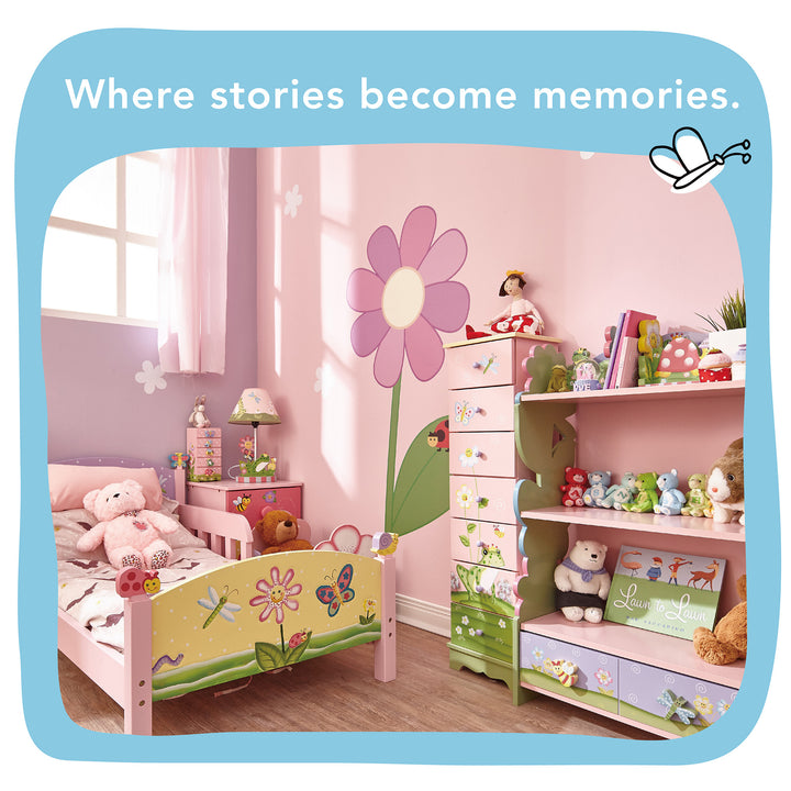 A child's bedroom decorated with Magic Garden-themed pieces: bed, nightstand, jewelry box, table lamp, dresser and bookshelf.