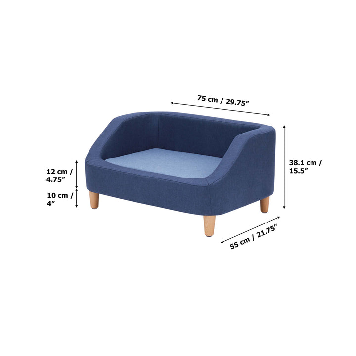 The Bennett Linen Sofa Pet Bed in Navy/Light Blue with the dimensions listed in inches and centimeters.